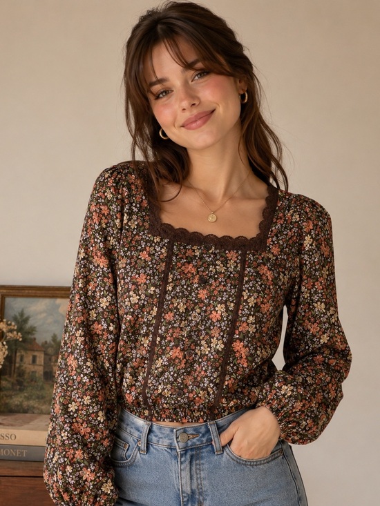 Self E Tops - Floral Lace-Trim Long Sleeve Top - Brown Floral